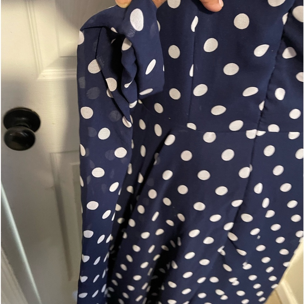 Jennifer Lauren navy blue polka dot handkerchief hem dress size L tie at waist - Picture 8 of 11